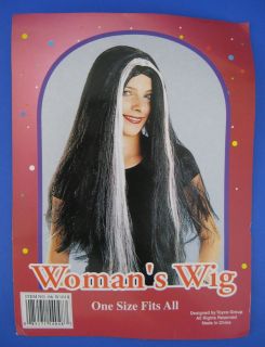   Black Womens Halloween Costume Wig Hair White Streak One Size Fits All