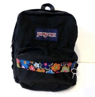 Jansport canvas Backpack book bag black floral flowers student school 