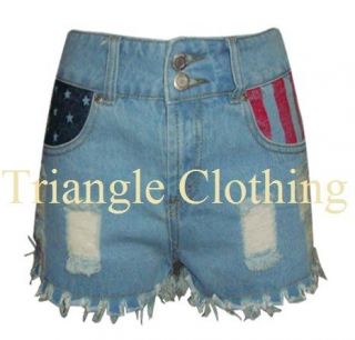   Womens Denim Hotpants USA Flag Stars And Stripes Pockets Ripped Jeans