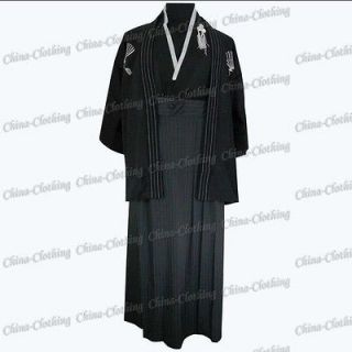 Japanese Kimono Mens Satin Haori Hakama Samura Robe Kaftan Black One 
