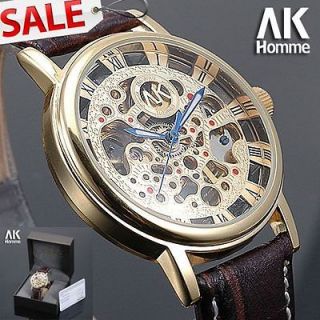   Mens Golden Case Leather Fob Mechanical Wrist Watch 12H Display +box