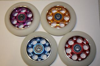 PAIR OF DRILLED Metal Core Scooter Wheels with 2 Abec 9 + spacer 