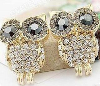 Fashion Cute Dazzling White Crystal Black Eyes Owl Stud Earring