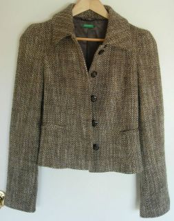 Womens BENETTON Brown Tweed Wool Blend Blazer Jacket Coat Sz 40 / S