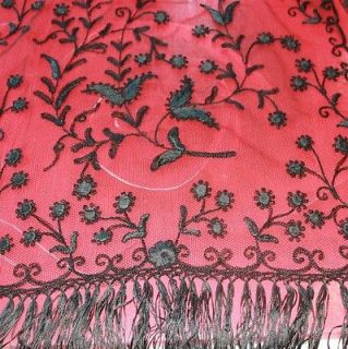 Antique Black handmade embroidered Floral lace shawl, Veil, Scarf