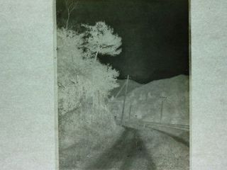 6J100 Japanese glass negative landscape woods tree path road train 