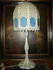   Slag Stained Blue Glass Panel Carved Lace Metal Iron High Table Lamp