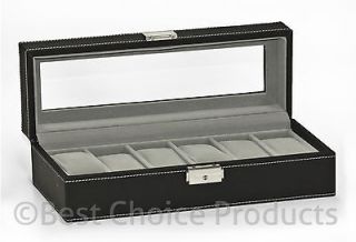   Box 6 Mens Black Leather Display Glass Top Jewelry Case Organizer