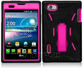 LG Intuition Optimus Vu VS950 Duo Black Rubber Pink PC Kickstand Case