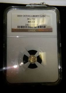 1859 Octag Liberty Gold 25 Cent Gold Rush NGC MS 63 BG 702