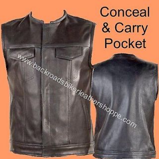 LEATHER MOTORCYCLE BIKER CLUB VEST OUTLAW CONCEAL CARRY POCKET SOLID 