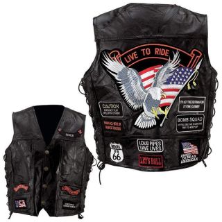 Mens Genuine Leather Motorcycle Vest w/14 Patches NEW