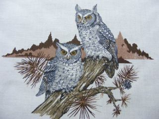 OWLS ON TREE BRANCH~VINTAGE FABRIC PANEL OR SQUARE~8 1/2 x 8 1/2 