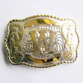 Initial W Letter Large Gold & Silver Rodeo Western Cowboy Metal Belt 