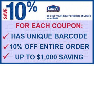 ONE (1) LOWES 10% OFF COUPON  Exp Jan 26, 2013 SUPERFAST SHIPPING