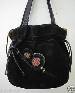 Lucky Brand Drawstring Look Tote shoulder handbag Suede Black Cheetah 