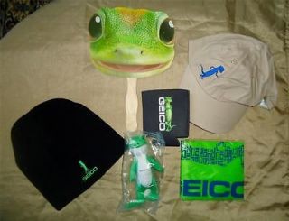 Lot GEICO Gecko Beanie & Baseball Cap Hat Bag Plush Toy Fan Coozie 