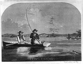 Newly listed Bass Fishing,2 men in a boat,long fishing pole,1854