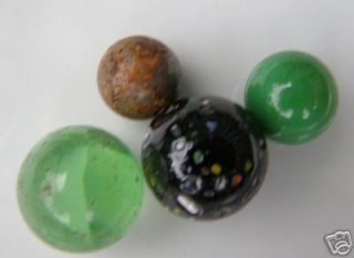 RARE ANTIQUE 4 VINTAGE MARBLE BALLS SPOTTED BLACK GREEN