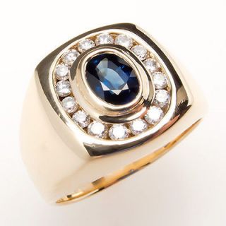 Mens Natural Blue Sapphire & Diamond Ring Solid 14K Gold Fine Estate 