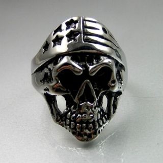   Biker Mens Black Silver Stainless Steel USA National Flag Skull Ring