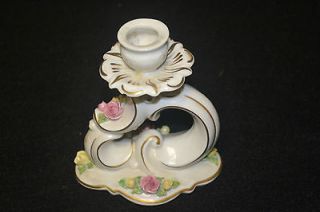 Dresden Pink/Yellow Rose Gold Trim Candle Holder Porcelain China