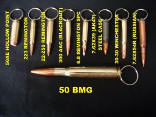 REAL BULLET KEYCHAIN 50 BMG,300 AAC (BLACK OUT),6.8 SPC,50AE,223 REM,7 