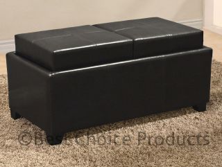 Leather Ottoman With 2 Tray Top Storage Coffee Table Bench Ottoman 
