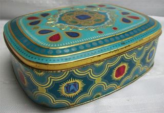 Vintage Tin Chest/Box with Gems Patterned on Turquoise   Marked 