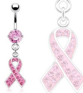   Steel Breast Cancer Awareness Ribbon Dangle Navel Belly Ring S1