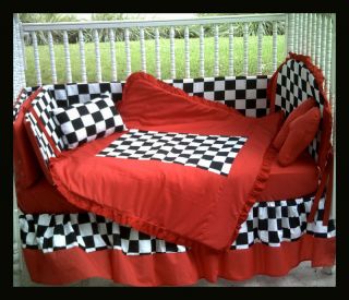 NEW baby crib bedding set RED w/ CHECKERED FLAG fabric