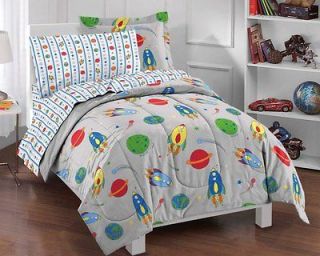 NEW Space Rocket Gray Kids Bedding Comforter Sheet Set Twin
