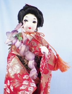 Vintage Japanese Geisha Doll Stockinette Face Silk Flowers Cloth 