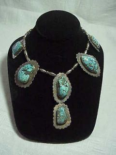 LARGE Vintage Navajo Sterling Silver Spiderweb Turquoise Necklace