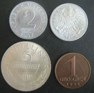 Four Coin Lot from Austria Silver 5 Schilling, Two 2 Groschen and a 1 