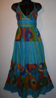 NEW Vtg RETRO 70s Blue Purple SMOCKED Empire Stretch Waist MAXI Dress 