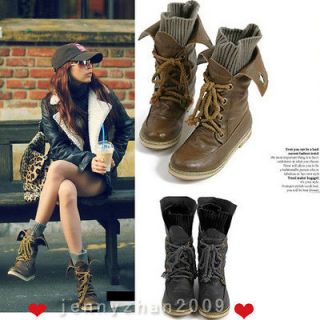 Women Casual Strap Lace up Ankle Boots Fashionable Flat Mid Calf Shoes 