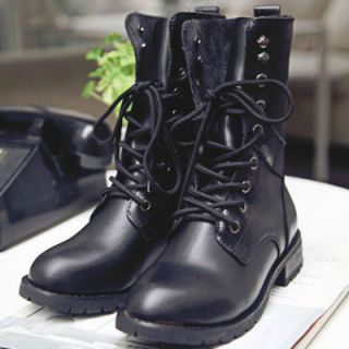   WOMAN FLAT LACE UP ARMY BIKER ANKLE BLACK LADIES MILITARY BOOTS