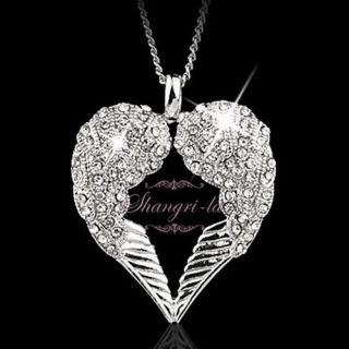 18K WHITE GOLD GP ANGEL WINGS CRYSTAL NECKLACE SP224
