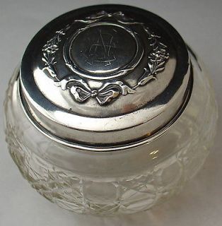 antique hallmarked SILVER cut glass dressing table vanity pot flower 