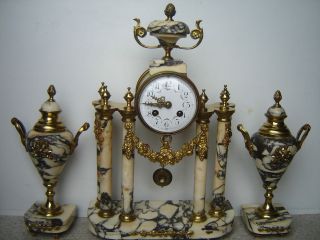   Rare OLLENDORFF Antique French Marble Brass Mantle Clock Garniture