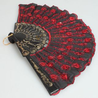   Elegant Charming Noble Black Lace With Red Sequins Folding Fan cool