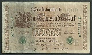 GERMANY 1000 MARK 21 April 1910 LETTER E REICHSBANKNOTE Deutschland 