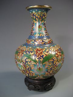   Chinese Champleve Brass Enameled Lotus Decor Vase ca. 20th century