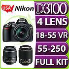 NEW Nikon D3100 SLR 4 Lens Kit18 55 + 55 200 16GB KIT