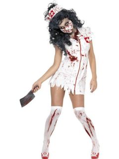   ZOMBIE BLOOD STAINED WHITE NURSE FANCY DRESS COSTUME AND MASK