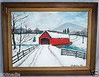VINTAGE 1981 OIL BOARD PAINTING RED BARN/MILL WINTER FARM SCENE SIGNED
