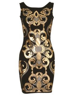 AW12 Womens Oriental Baroque Barock Roll Gold Foil Print Bodycon party 