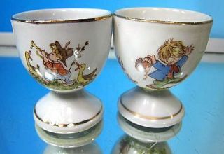   FOOTED PORCELAIN EGG CUPS COLORFUL CHILD SCENES HAND PAINTED GOLD RIMS
