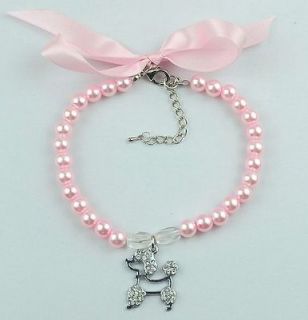pink pearls pet necklace Poodle pendant rhinestones dog collars tags 